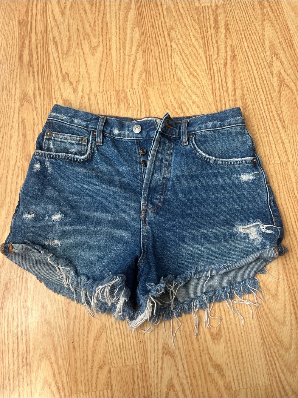 We The Free Distressed Dark Blue High-Rise Denim Shorts